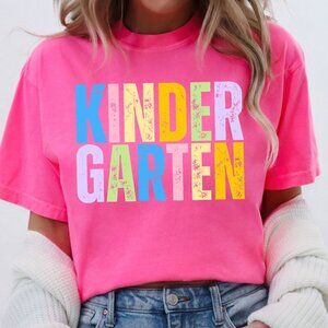 NEW Neon Pink Comfort Colors Back To School Kindergarten Teacher Graphic T Shirt